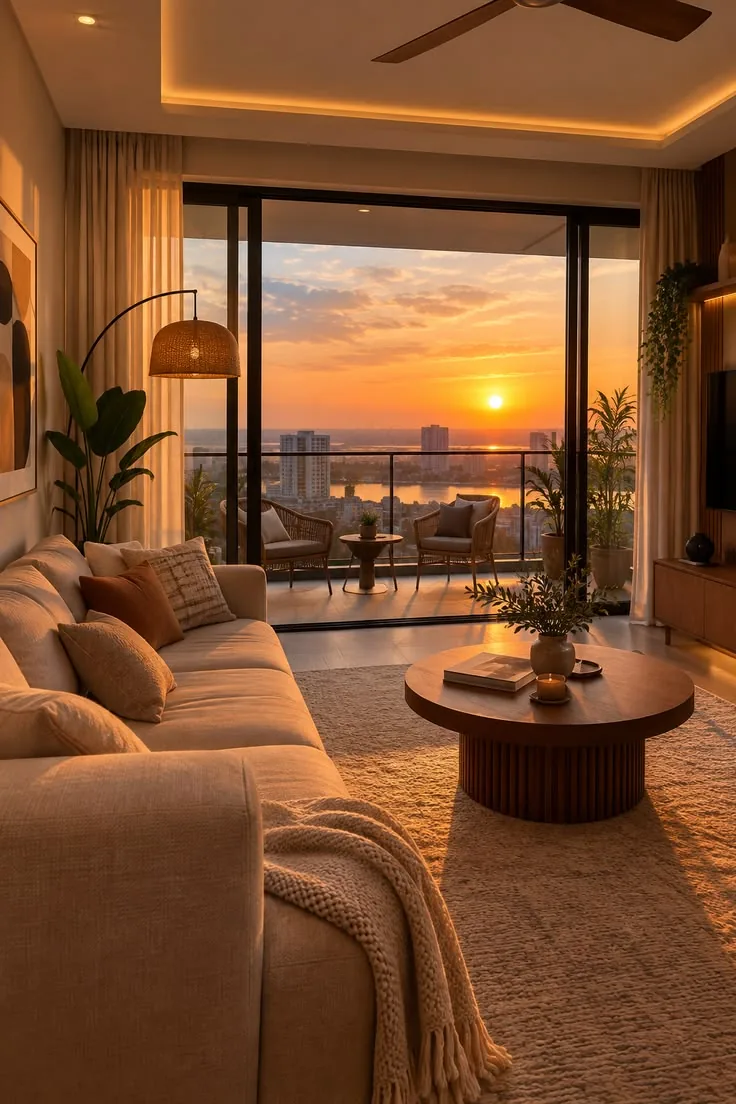 Sala contemporânea com materiais naturais, grandes janelas e vista para a paisagem