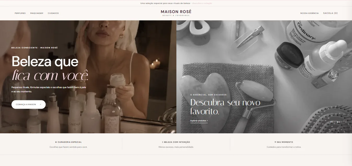 Prévia da página Maison Rosé com destaque para a experiência de beleza