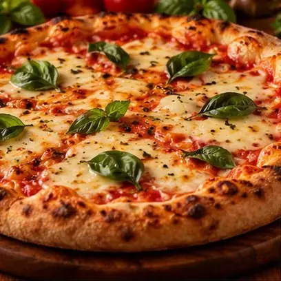 Pizza artesanal com queijo derretido, tomate e manjericão